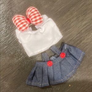 Labubu White and Red Gingham Top with Denim Skirt outfit